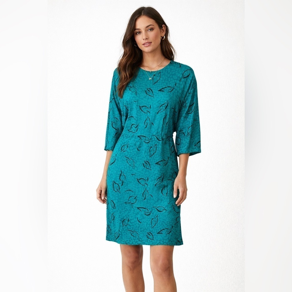 Maggy London Vintage 80s Silk Teal Dress w/Black Leaf Size 8 Novelty Print